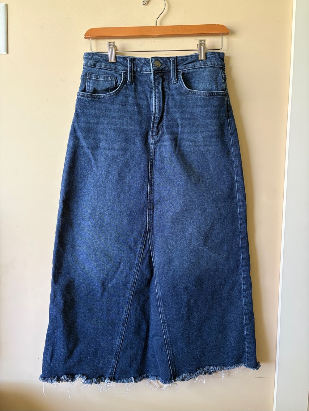 Joe's Jeans Dark Blue High-Waist Denim Maxi Skirt with Frayed Hem
